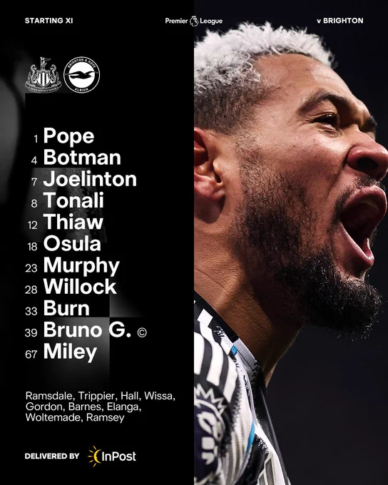 Newcastle United v Brighton: Pope, Botman, Joelinton, Tonali, Thiaw, Osula, Murphy, Willock, Burn, Bruno G., Miley