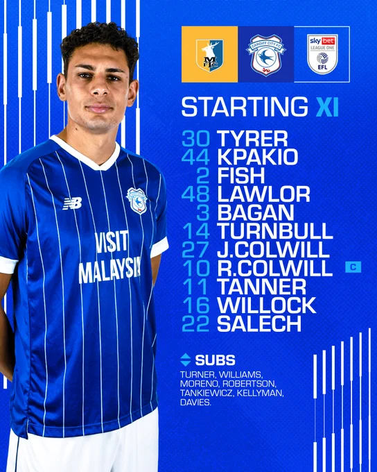 Yousef Salech pictured in the team news graphic. Today’s City side: Tyrer, Kpakio, Fish, Lawlor, Bagan, Turnbull, J.Colwill, R.Colwill, Tanner, Willock, Salech. Subs: Turner, Williams, Moreno, Robertson, Tankiewicz, Kellyman, Davies.