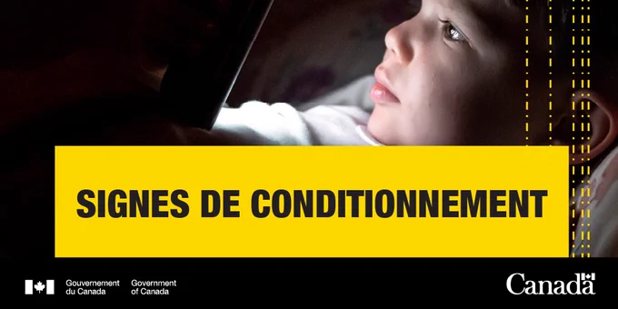 ALT : Image d’un jeune enfant au lit utilisant un téléphone cellulaire. Texte : Signes de conditionnement.
