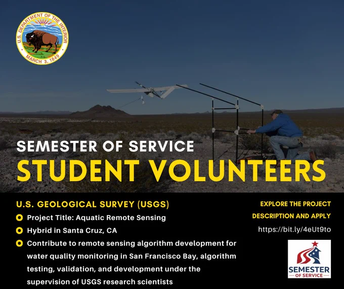 USGS student volunteer adjusting drone equipment in a desert landscape for water quality monitoring research. Text promotes aquatic remote sensing position in Santa Cruz, CA