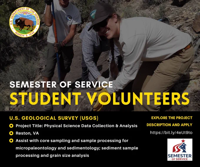 Student volunteers collecting sediment samples outdoors for USGS physical science data analysis in a rocky terrain. Promotes project for physical science in Reston, VA.