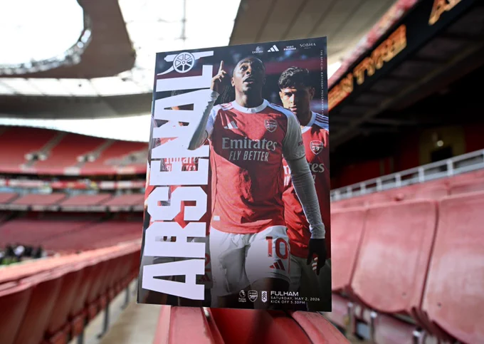 The Arsenal v Fulham matchday programme inside Emirates Stadium