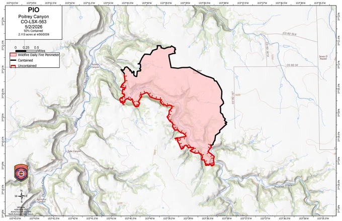 Map of the Poitrey Fire dated 5/2/26. 2,113 acres and 50% containment