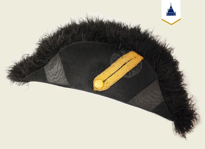 A bonnet with synthetic feathers. 