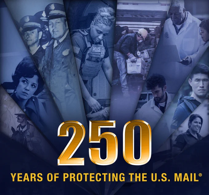 Collage of U.S. Postal Inspection Service personnel over the years with bold text celebrating "250 Years of Protecting U.S. Mail".