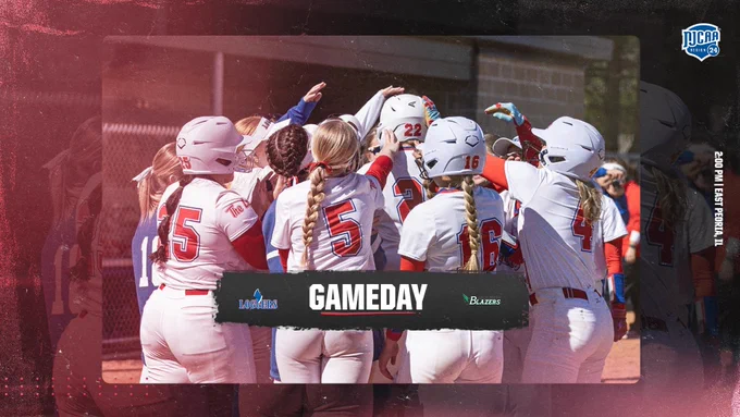 Game day graphic: Loggers vs John Wood Blazers, 2:00 PM in East Peoria, IL. Team huddle photo.