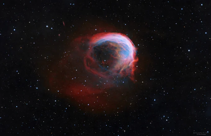 Sh2-188 (Shrimp/Firefox Nebula) glows in Cassiopeia, processed by Brian Diaz. Its crescent shape comes from a fast-moving central star. 45 hrs with AFIL‑29. Get raw/calibrated files 30% OFF on Starbase.