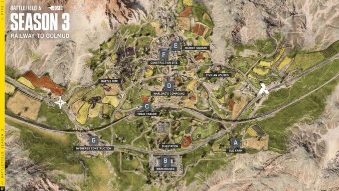 Top-down view of Battlefield 6 Season 3 map Railway to Golmud with train objective, multiple POIs, and edge bases.