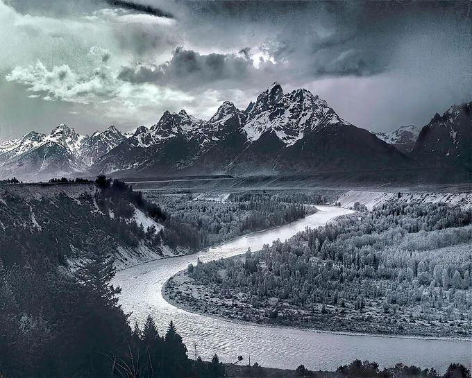 Tetons And The Snake River by Ansel Adams 

A sweeping view of the Teton Range rising sharply above a winding stretch of the Snake River, with snow‑covered peaks breaking through layered clouds. Dark evergreens fill the valley below, creating a dramatic contrast between the bright river and the rugged mountain skyline. 

See more Ansel Adams images at this link:  https://tinyurl.com/FASGAAdams


