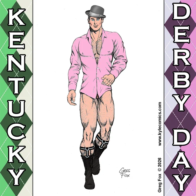 Another view of Kyle's B&B hunk Price Kingsbury at the Kentucky Derby Day race...wearing a derby hat, pink oxford shirt, and black socks with garters. Apparently, he forgot his pants! 