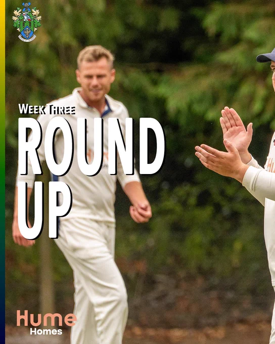 Halstead Cricket Club Week Three Round Up cover card. Two cricketers in white are mid-celebration — one bowler walking in smiling, another raising their hands to applaud. Large white text reads "Week Three Round Up". The HCC coat of arms appears top left, and the Hume Homes sponsor logo sits bottom left. A green, yellow and navy stripe runs down the left edge.
