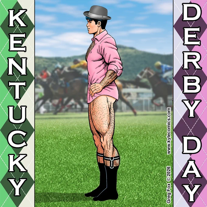Kyle's B&B hunk Price Kingsbury at the Kentucky Derby Day race...wearing a derby hat, pink oxford shirt, and black socks with garters. Apparently, he forgot his pants! 