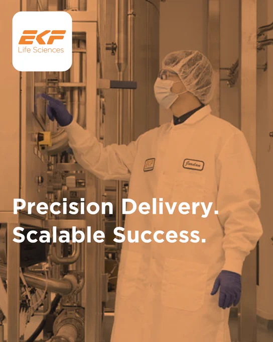 Scientist in protective gear operating machinery in a sterile lab environment at EKF Life Sciences.

Text: "Precision Delivery. Scalable Success."