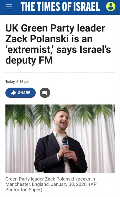 UK green party leader Zack Polanski is an "extremist" says Israels deputy first minister 