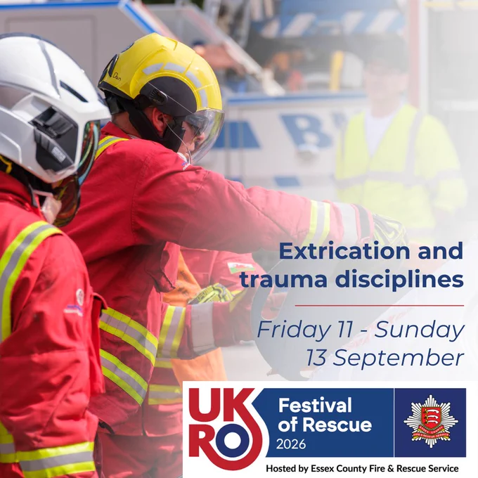 Firefighters in full PPE cutting up a car with the UKRO and Essex Fire & Rescue Service logos and the words 'extrication and trauma disciplines' and Friday 11-Sunday 13 September, festival of rescue 2026