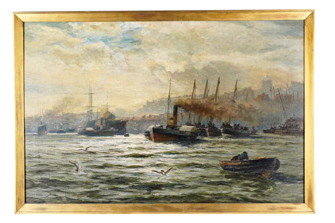 At auction, Robert Jobling
(1841-1923), "Shipping on the Tyne", a signed oil on canvas. 92 x 136cms in frame.

Born in Newcastle, he worked first as a glassmaker and then as a painter in a shipyard before becoming a professional artist.

Image: Anderson & Garland Ltd. Newcastle