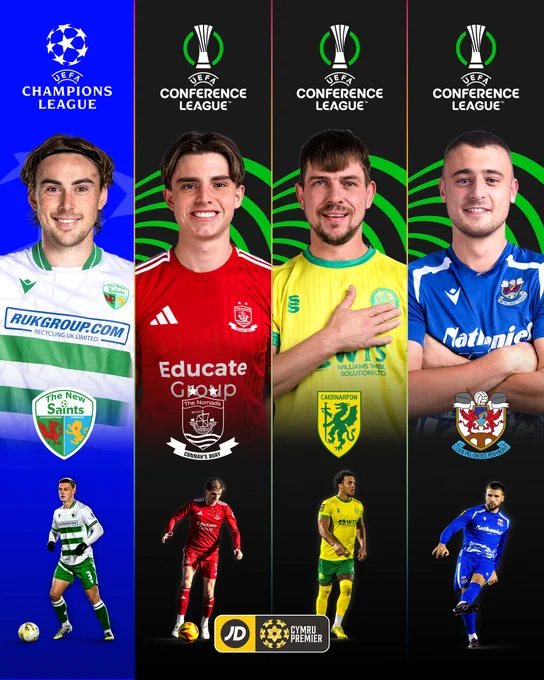 The New Saints - UEFA Champions League. 
Connah's Quay Nomads - UEFA Conference League. 
Caernarfon Town - UEFA Conference League. 
Penybont - UEFA Conference League. 