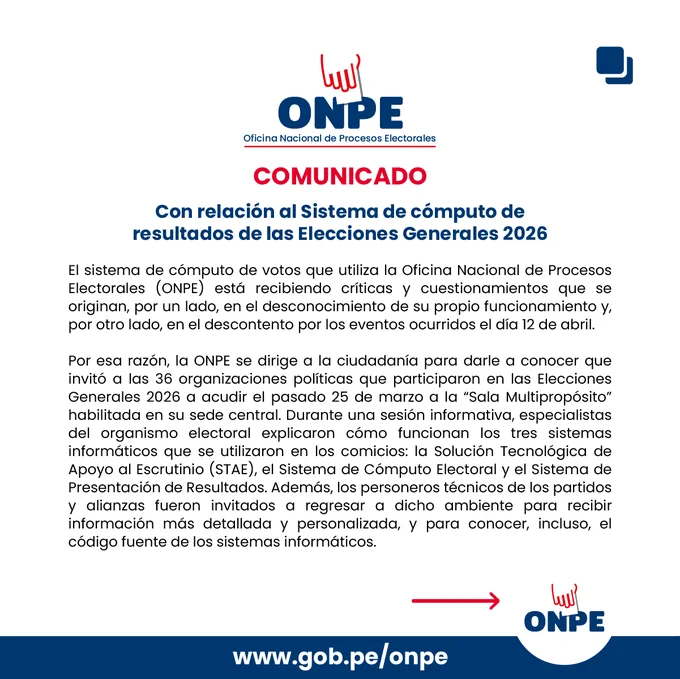 En relación al Sistema de cómputo de resultados de las Elecciones Generales 2026, comunicamos lo siguiente.