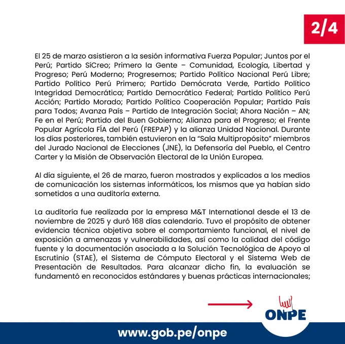 En relación al Sistema de cómputo de resultados de las Elecciones Generales 2026, comunicamos lo siguiente.