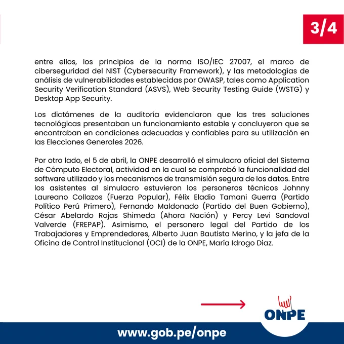 En relación al Sistema de cómputo de resultados de las Elecciones Generales 2026, comunicamos lo siguiente.
