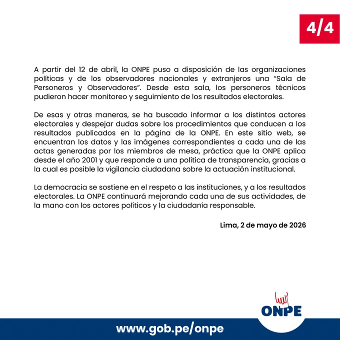 En relación al Sistema de cómputo de resultados de las Elecciones Generales 2026, comunicamos lo siguiente.