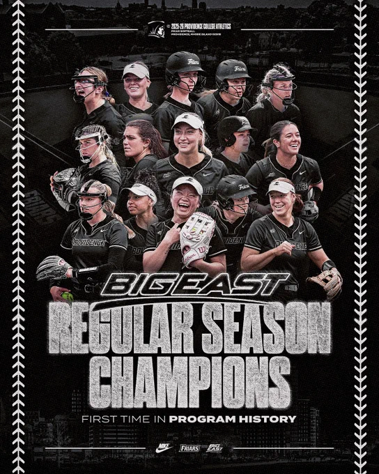 BIG EAST Regular season champions first time in program history, Three rows with 5 players in each row, total of 15 players, all wearing black uniforms in different action poses from game action
