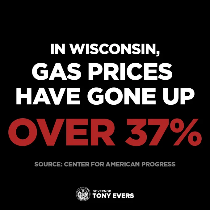 Graphic that reads “In Wisconsin, gas prices have gone up over 37% Source: Center for American Progress”