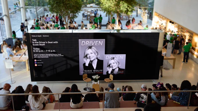A screen displaying an upcoming Talk with Susie Wolff.