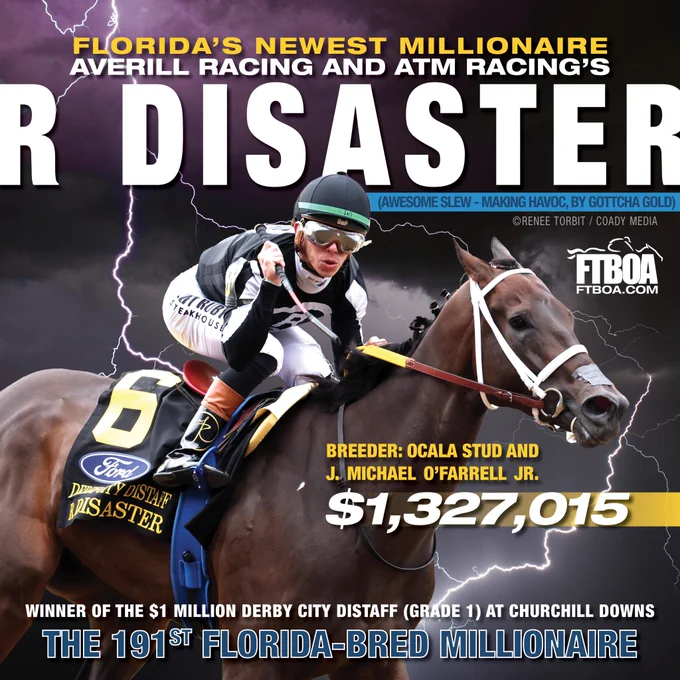 Square graphic based around a closely cropped photo of Florida-bred R Disaster and jockey Tyler Gaffalione, who cheers from the saddle, as they cross the wire to win the 2026 Grade 1 Derby City Distaff at Churchill Downs. (Photo by ©Renee Torbit / Coady Media). Lightning flashes behind them (photo by David Moum on Unsplash) in shades of black and purple. Overlapping text details R Disaster’s latest win, which pushed her overall earnings into Millionaire status. 