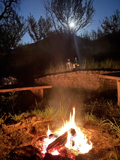 a fire and 2 bottles on a stone wall under a moon