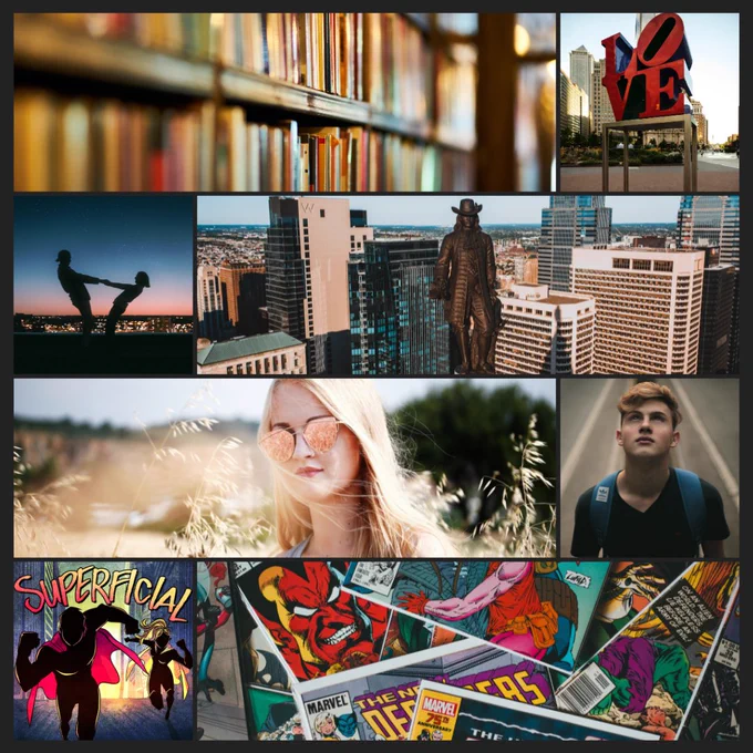 Superficial book moodboard: Books, LOVE sculpture in Philly, a shadow outline of a girl and boy, skyline of Philadelphia, girl in sunglasses in a field, boy looking up at the sky, Superficial book cover, comic books