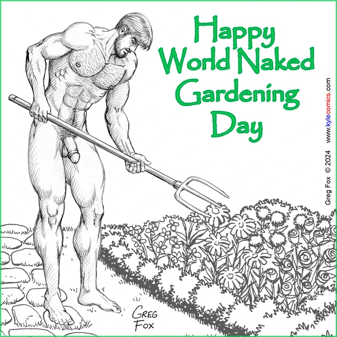 Muscle hunk Drew, of Kyle's B&B, is shown fully nude in the garden, tending to some flowers. 
