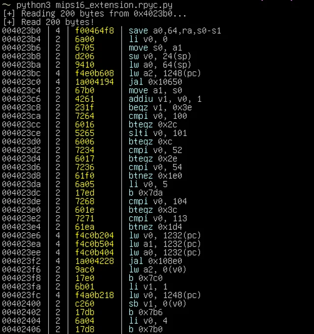 output from a mips16e disassembler I'm working on with b1ack0wl