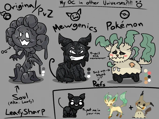 Drawings of what my original character Soul would look like outside of Plants vs. Zombies; specifically in Mewgenics and Pokémon.