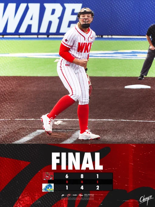 WKU final score, defeating Delaware 6-1 with 8 hits, 1 error. Delaware had 1 run, 4 hits, and 2 errors.