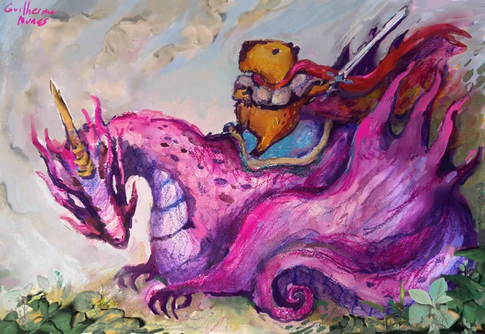Painting of a capybara dressed as a medieval warrior riding a dragon with a unicorn horn in a field.