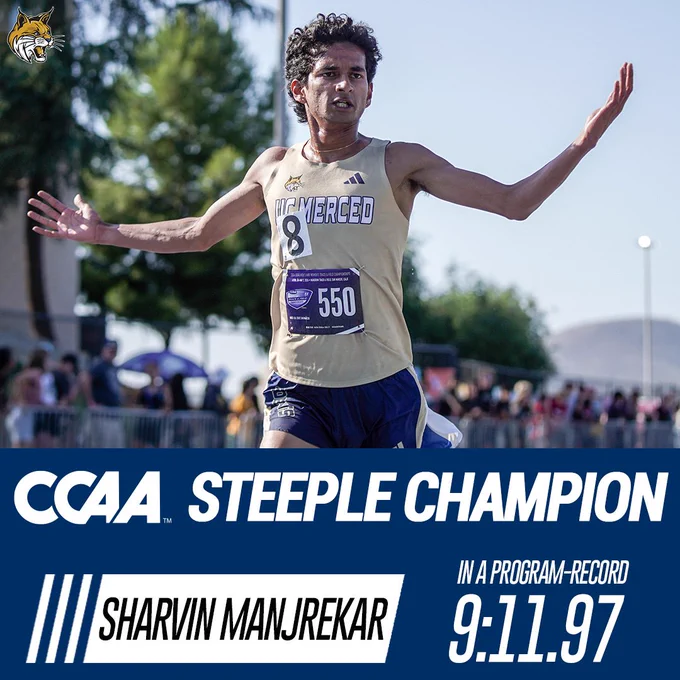 Sharvin Manjrekar's championship graphic includes Sharvin crossing the finish line with the text CCAA Steeple Champion and a program-record time of 9:11.97.