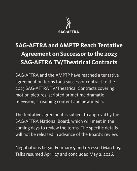 SAG-AFTRA and the AMPTP have reached a tentative agreement on terms for a successor contract to the 2023 SAG-AFTRA TV/Theatrical Contracts covering motion pictures, scripted primetime dramatic television, streaming content and new media.

The tentative agreement is subject to approval by the SAG-AFTRA National Board, which will meet in the coming days to review the terms. The specific details will not be released in advance of the Board’s review.

Negotiations began February 9 and recessed March 15. Talks resumed April 27 and concluded May 2, 2026.
