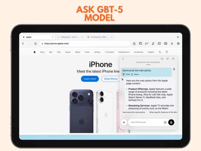 What if your browser could read the page for you? KiBrowser uses GPT-5 to summarize, translate, and annotate any website. Right there in your sidebar.

Available now on the App Store. 
https://apps.apple.com/us/app/browserai/id6754273445

#iOS #Apple #KiBrowser #AI #AppStore