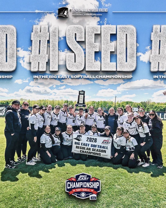 Number one seed in the BIG EAST Softball Championship, photo of full Friars softball team with sign that reads 2026 BIG EAST Softball Regular Season Champions, 2026 BIG EAST Softball Championship Logo