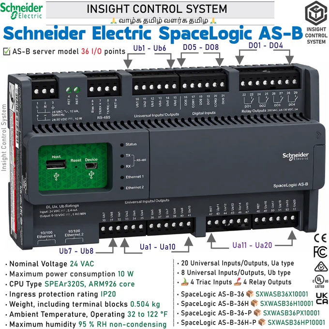 Schneider Electric SpaceLogic Automation Server AS-B 36 I/O points Plant Room Controller⚠️
✔️ The AS-B server is a powerful device with built-in power supply and I/O, which makes it suitable for control applications at the plant room level of a BMS in all sizes of buildings. 
✔️ The AS-B server can act as a standalone server or controller using its built-in I/O and also monitor and manage field bus devices. 
✔️ In a small installation, the embedded AS-B server acts as a standalone server or controller, mounted in a small footprint. 
✔️ In medium and large installations, functionality is distributed over multiple automation servers that communicate over TCP/IP.
✔️ At the core of an EcoStruxure BMS is an automation server, such as the SpaceLogic AS-B server. 
✔️ The AS-B server performs key functionality, such as control logic, trend logging, and alarm supervision, provides built-in I/O, and supports communication and connectivity to the field buses. 
