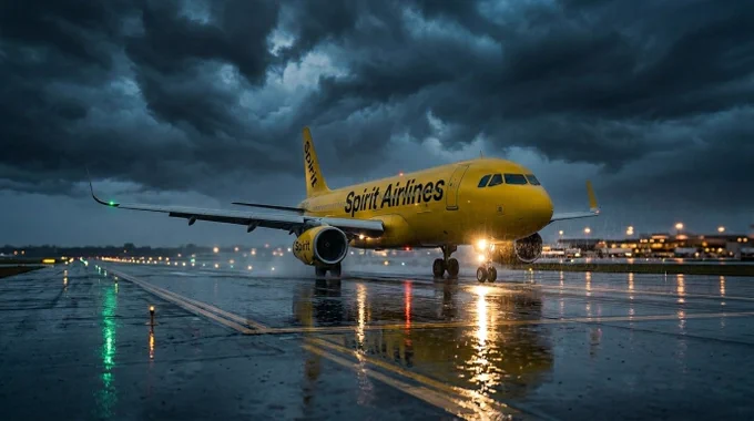 Spirit Airlines aircraft parked on a wet runway during a stormy evening, symbolizing flight disruptions, delays, and cancellations in 2026. Dark clouds overhead reflect uncertainty in air travel as passengers face operational challenges, refund issues, and sudden schedule changes. The image captures the impact of airline disruptions on travelers, highlighting concerns around delayed departures, airport congestion, and travel uncertainty. It visually represents the real situation faced by passengers dealing with flight delays and airline instability. This scene emphasizes the importance of staying informed about airline updates, refund policies, and travel planning strategies during unpredictable aviation conditions.
