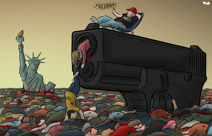 Cartoon showing a giant gun; its barrel is like an open faucet, but instead of water, bodies are spilling out. The giant gun is half submerged in a sea of dead bodies, with the Statue of Liberty standing in the background. A man dressed in an NRA shirt is sitting on a lawn chair on top of the gun, waving a flag with the text 'freedom'.
