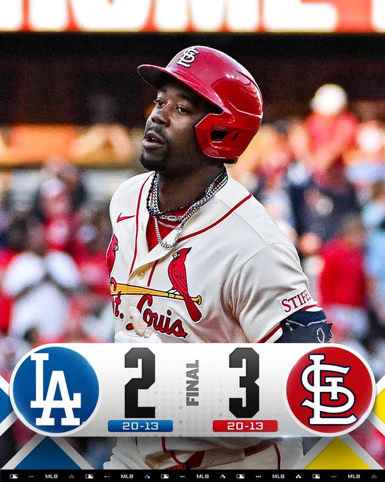Final Score Graphic - 5/2/26
Los Angeles Dodgers 2 (20-13), St. Louis Cardinals 3 (20-13)
Pictured: Jordan Walker rounds the bases after hitting a home run. He wears a white Cardinals jersey with a red batting helmet.