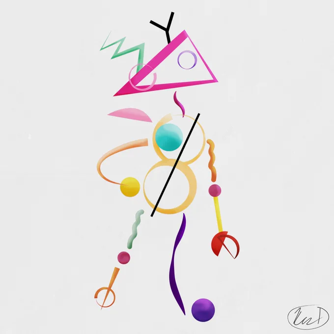 The character Zooble from The Amazing Digital Circus, a bipedal character comprised of multiple different colored and shaped plastic toy-esque parts. She's painted in the Suprematist art style which shows her body made up of deconstructed, colorful shapes.