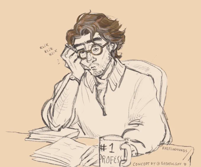 Digital pencil sketch of an older Viktor with facial hair and circular glasses sitting at a desk, leaning his face on his elbow and looking down at some papers while clicking a pen. There is a mug that says “#1 professor” on the desk