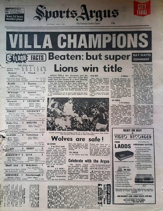 The Sports Argus, the Saturday evening Sports paper for the West Midlands, which declared Aston Villa as league champions.