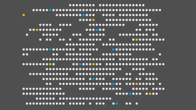 Gray screen with horizontal lines of dots with gaps and some dots are white, some are blue and some are yellow