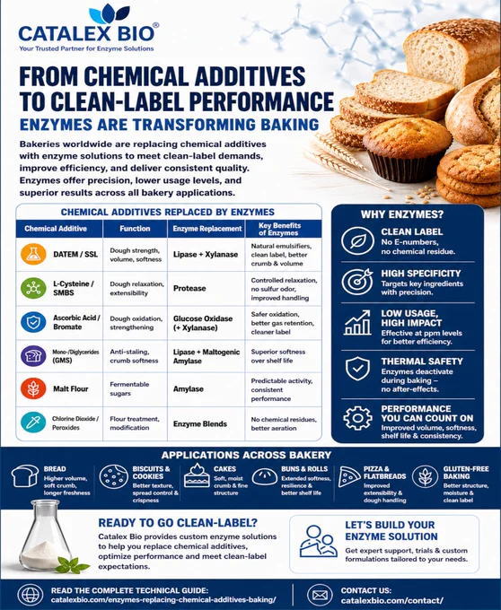 Catalex Bio enzyme solutions for bakery applications illustrating clean-label benefits, improved volume, crumb softness, and process efficiency