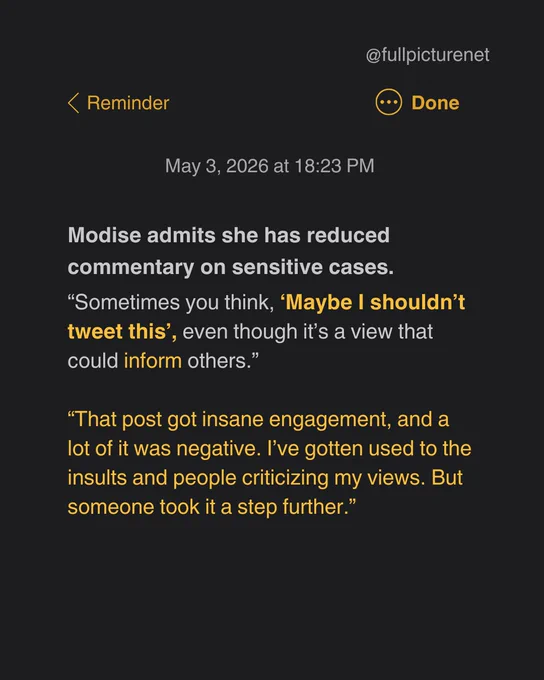Screenshot of a notes app with text: Modise admits she has reduced commentary on sensitive cases. 
“Sometimes you think, ‘Maybe I shouldn’t tweet this’, even though it’s a view that could inform others.”

“That post got insane engagement, and a lot of it was negative. I’ve gotten used to the insults and people criticizing my views. But someone took it a step further.”